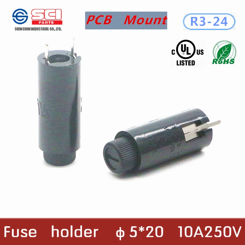 

R3-24/Taiwan SCI Fuse Holder/Phenolic (UL flame:94V-1)/10A 250V 5*20mm/PCB fuseboxes/5pcs in pack/no fuse inside