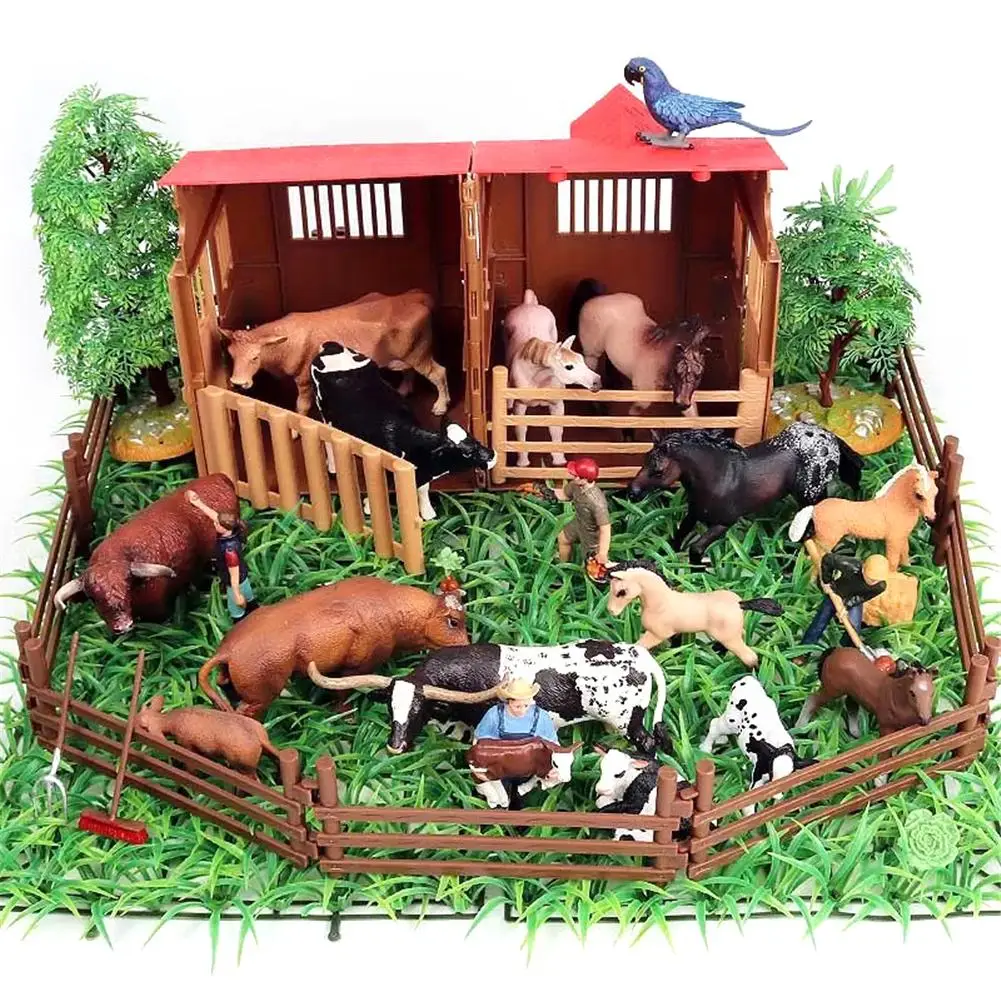 Farm House Simulation Poultry Animals Set Horse Cow Hen Figurines Zoo Figures Toy Kids Christmas Gift DIY Assembly Scene Model |