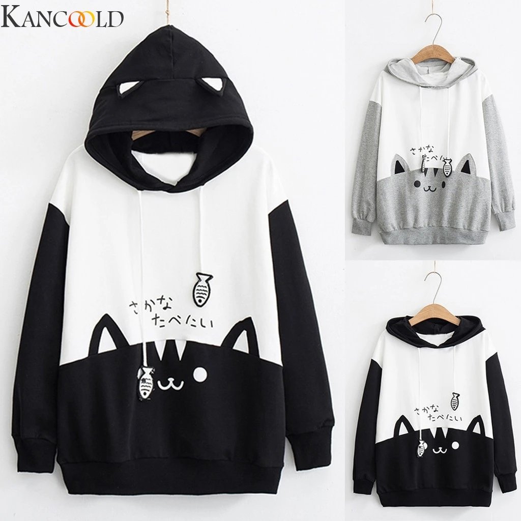 KANCOOLD толстовка, распродажа, товары, толстовки для женщин, kawaii, повседневная, длинный рукав, Китти, кот, принт, карман, Тонкая блузка, топ, рубашка