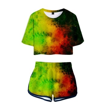 

Color smoke Beautiful 3D Harajuku Fashion Two Pieces Sets Women Sexy Girl Summer Navel Short Sleeve T-shirt+ Shorts Summer Sets