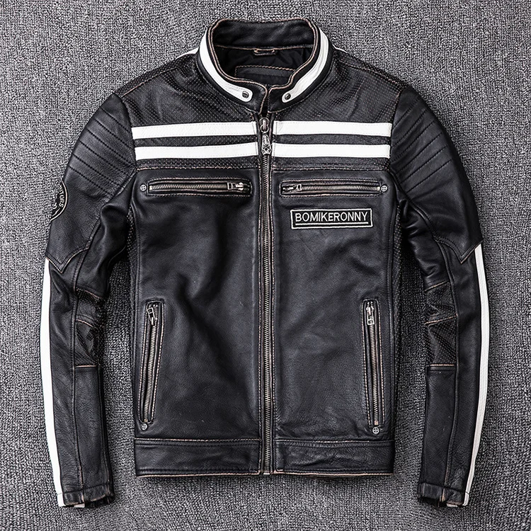 Men's Edging Retro Vintage Motorcycle Clothing Slim Fit Leather Locomotive Genuine Leather Jacket Men Cowhide Leather Coat genuine leather trench coats