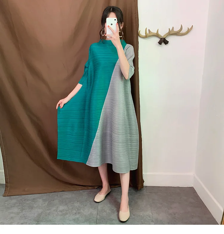 Miyake плиссированное платье длинный отрезок Тонкий свободный большой размер плиссированные рукав семь точек воротник со сборками