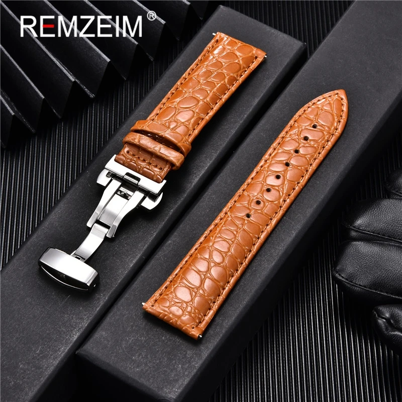 

REMZEIM Genuine Leather Bracelet Black Brown Watch Strap Butterfly Clasp Watchband Sized In 18mm 20mm 22mm 24mm Watch Band