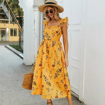 

2020 Floral Printed Sleeveless Midi Dress Women Square Collar Slim Yellow Dress Elegant Women A-line Spring Summer Dress