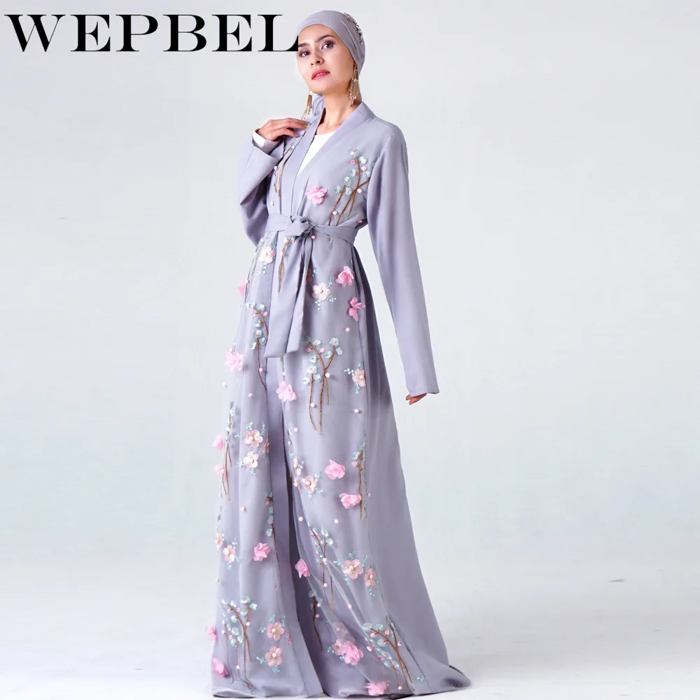 WEPBEL, Новое поступление, женское Повседневное платье с 3D цветочной вышивкой, кардиган, длинный рукав, v-образный вырез, оборки, женские длинные платья, абайя, мусульманская