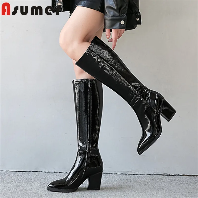 

ASUMER 2020 top quality patent leather knee high boots women pointed toe zip autumn winter boots high heels dress shoes woman