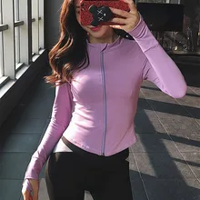 Облегающее спортивное пальто с воротником «Мандарин» для тренировок, женские топы на молнии, нейлоновая куртка для бега, фитнеса, с отверстиями для большого пальца, топы для йоги