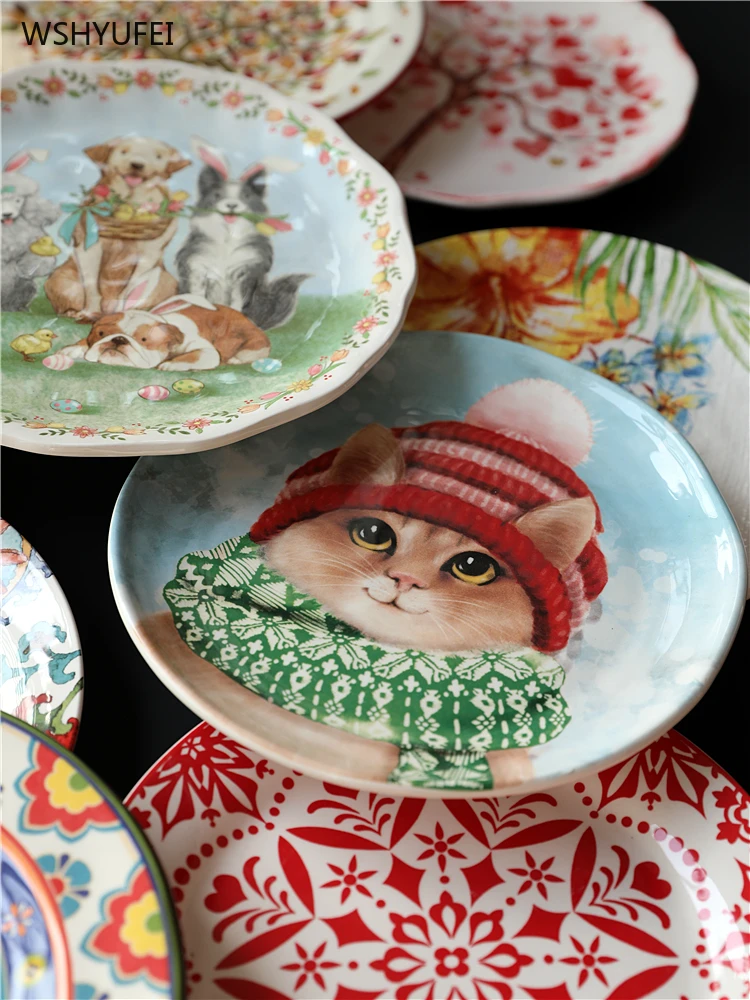 1Pcs 8 inch Christmas cartoon animal round ceramic plate tableware sashimi plate sushi snack cake steak salad storage flat plate