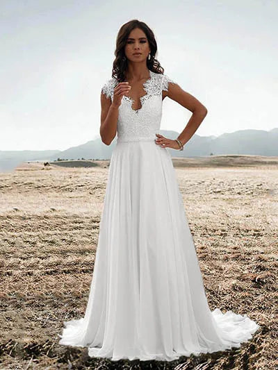 Lorie/шифоновые Свадебные платья трапециевидной формы, сексуальное кружевное свадебное платье без рукавов, v-образный вырез, Vestido de novia, свадебное платье в богемном стиле - Цвет: white