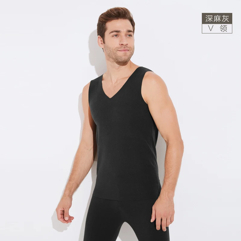 Autumn Winter Velvet Warm Vest Men Undershirt No Trace Fever Plus Velvet Solid Color Underwear Men Clothes Thermal Top - Color: V-neck Gray