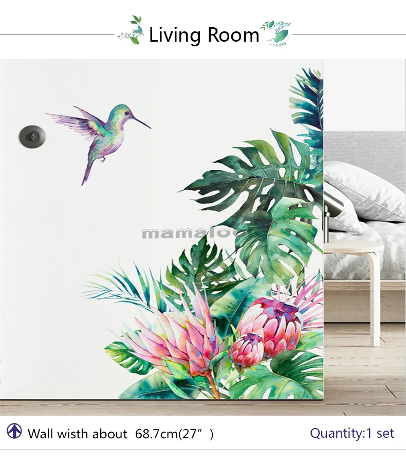 Tropical leaves flowers bird Wall Stickers bedroom living room decoration mural home decor decals removable stickers wallpaper Tropical leaves flowers bird Wall Stickers bedroom living room decoration mural home decor decals removable stickers wallpaper