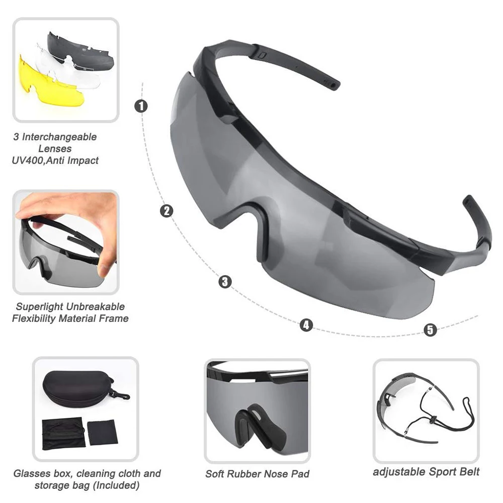 AIELBRO Men Women Shooting Glasses Tactical Eyewear 3 Interchangeable Lenses Outdoor Antifog Safety Glasses With Hard Shell Case