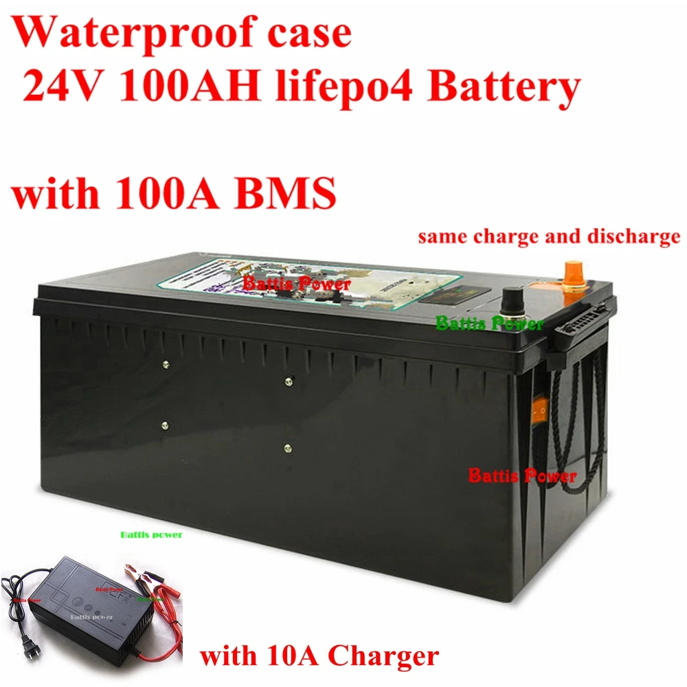 Водонепроницаемый 24V 100AH lifepo4 Батарея с 100A BMS для велосипеда автодома Инвертор солнечной энергии, инвертор солнечной энергии для кемпинга+ 10A Зарядное устройство