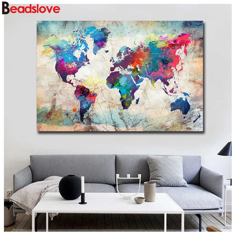 Full square round 5D DIY diamond painting Abstract color world map embroidery beaded cross stitch rhinestones office decoration | Дом и сад