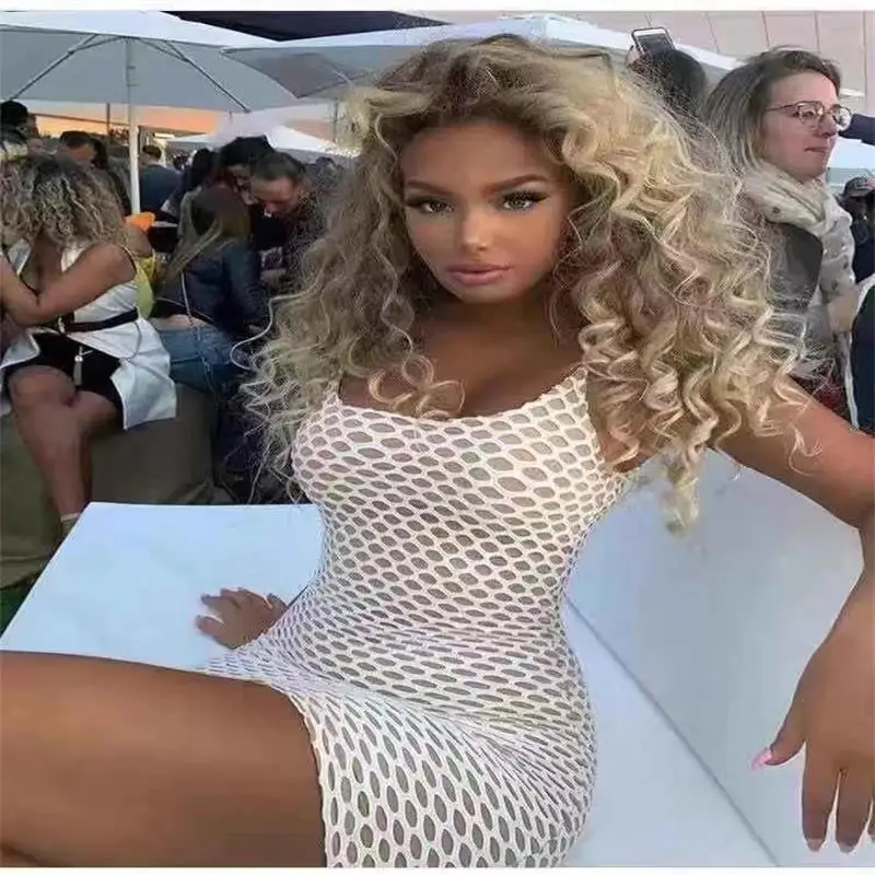 

2019 Europe and the United States autumn new white straps tube top hollow mesh mesh perspective slim bag hip mini dress sexy fa