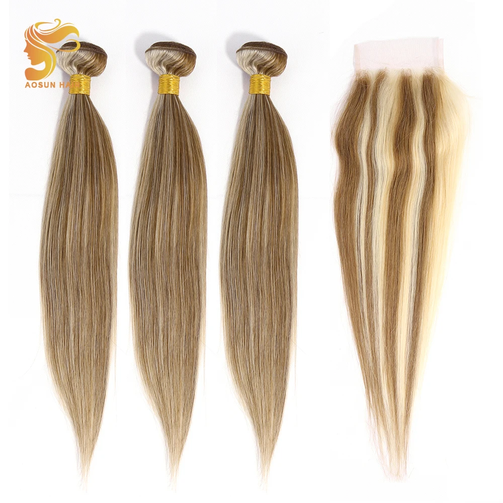

AOSUN HAIR Brazilian Straight Hair Weave Bundles with Closure P8/613 Ombre Color 100% Remy Human Hair Extensions 16-18 Inches