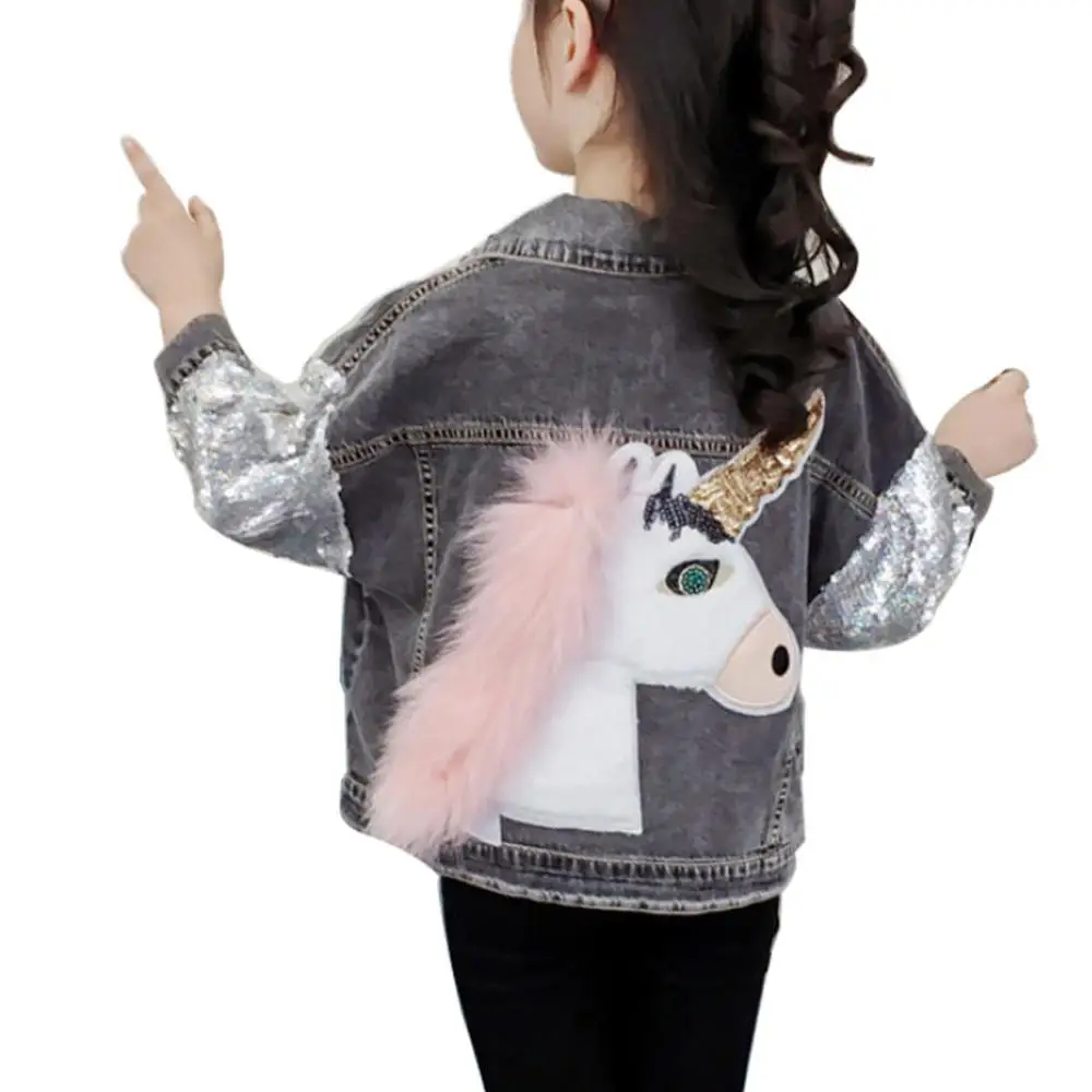 

Kids Girls Spring Autumn Denim Jackets Children's Jeans Coats For 2-12Years Girls Unicorn Applique Sequins Boutique Jackets