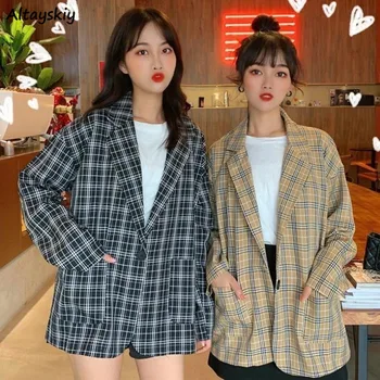 

Blazers Womens Spring Autumn Notched Plaid Big Pockets Loose Oversize Single Button Casual All-match Chic Girl Female Trendy New