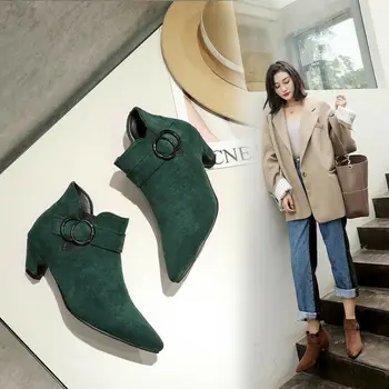 

Big Size Buckle Elastic Pointed Toe Kitten Mid Heel Women Ankle Boots Chic