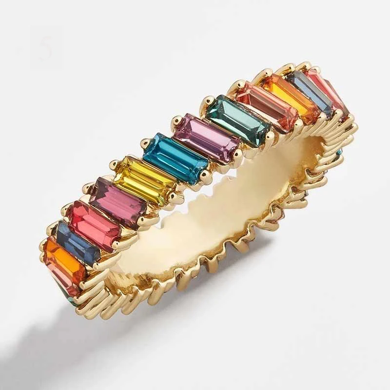 Vedawas изысканное Радужное кольцо цвет ful многоцветный Цирконий вечность площадь багет золотой перстень для женщин женские ювелирные изделия аксессуары
