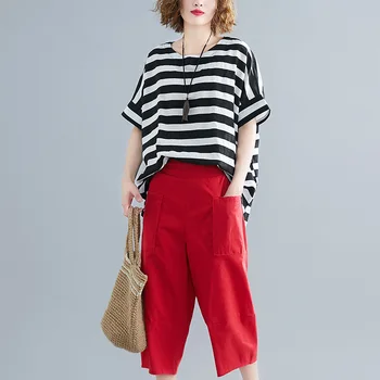 

2020 summer new two pieces women pants sets cotton loose striped t-shirts and high waist knee-lengtth pant female suits