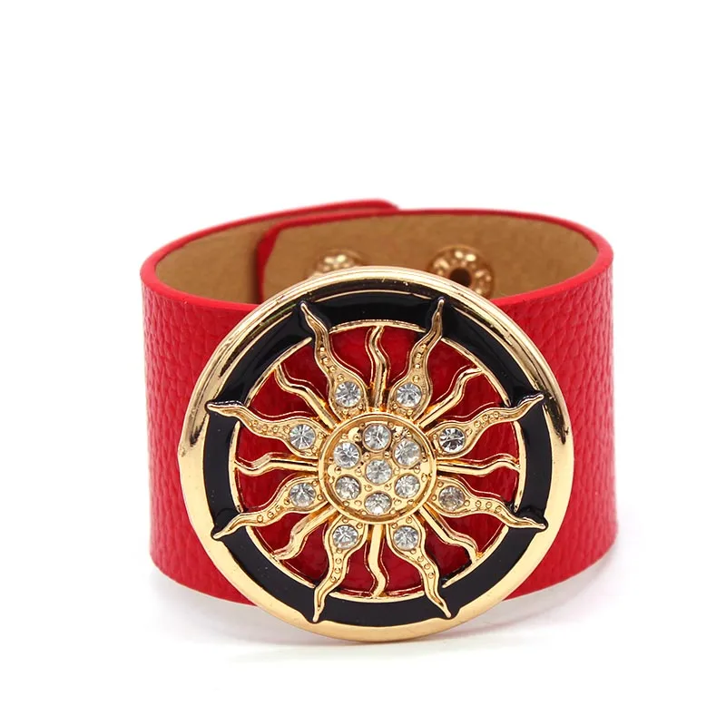Модные кожаные браслеты для женщин широкий круг цветы Пряжка браслет и браслеты регулируемая перевязь браслет, женская бижутерия подарок