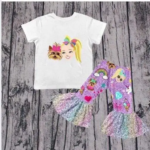 

cute white cartoon girl pattern t shirt+pink sequins trousers