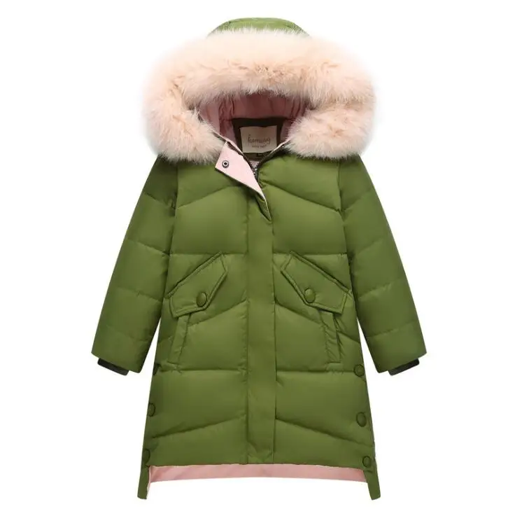Зимняя Детская куртка на утином пуху до-30 градусов теплое пальто с капюшоном для девочек длинная пуховая парка куртки с отделкой из натурального меха От 5 до 14 лет - Цвет: Green