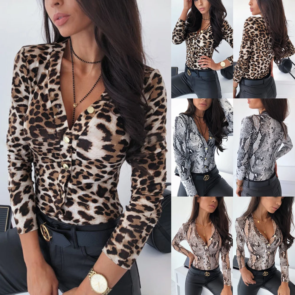 Sexy Deep V Neck Leopard Ladies Bodysuits Long Sleeve Blouse Body Women Satin Romper Animal Print Body Overalls For Women
