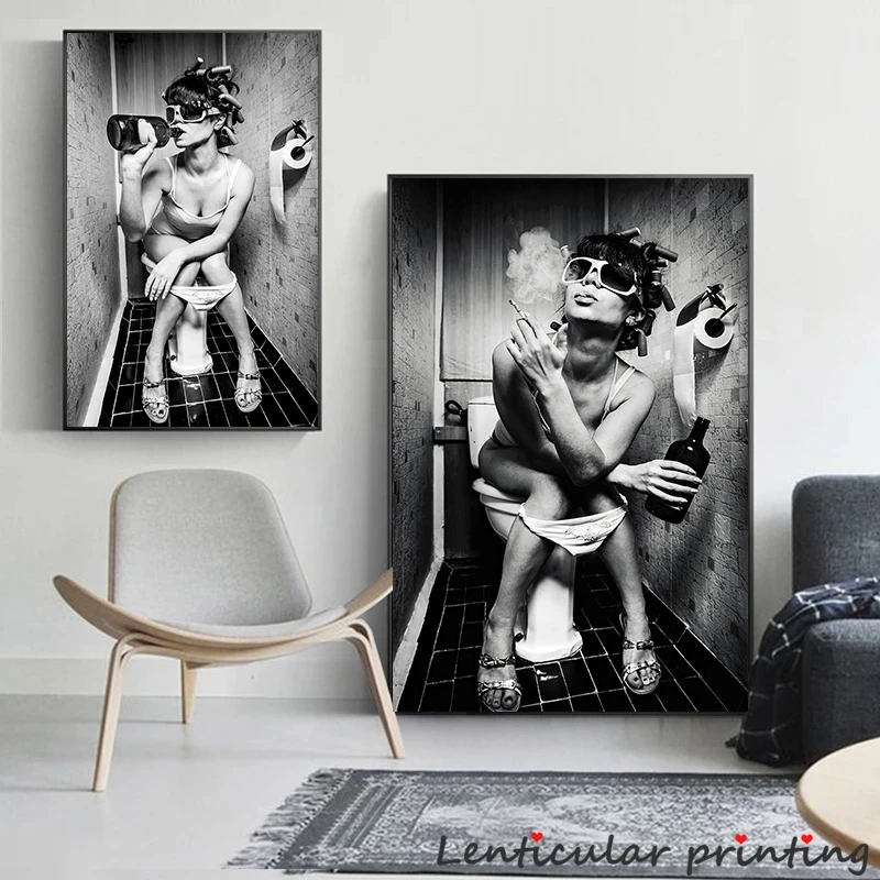 

HD Sexy Girl Sits In Toilet Canvas Paintings Black and White Canvas Print Wall Art Pictures Home Decor Abstract Nordic Bar Decor
