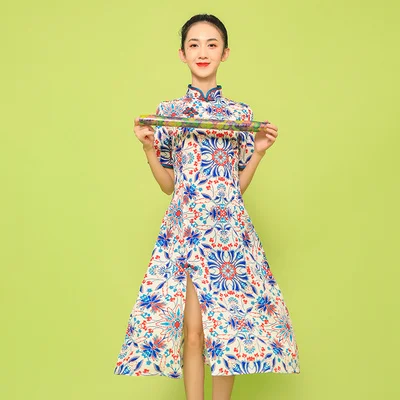 Photo Color SWEETXUE Улучшенный чёнсам Лето достойная атмосфера модное платье для девочек современные с коротким рукавом печатных разрезов Элегантное Длинное Платье - Цвет: Photo Color