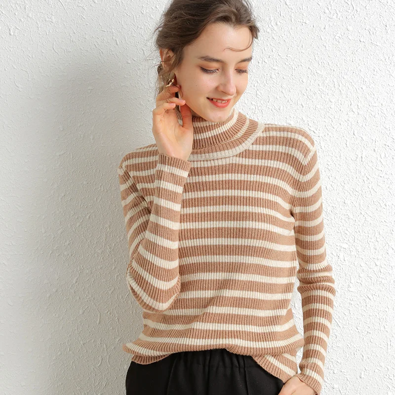 Cashmere Sweater Female Winter Women's Long Section High Collar Pullovers Sweaters Knitted Tops Ladies Bottoming stripe Slim New | Женская