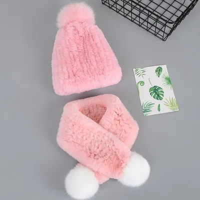 Детская натуральная шапка из меха кролика Рекс, зимний теплый шарф, шапка для детей, вязаные шапочки, шапки с меховыми помпонами - Color: Pink B