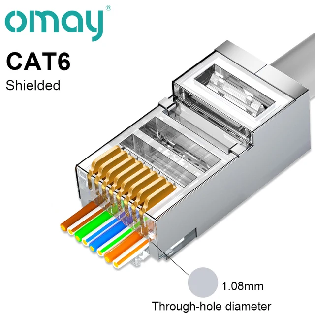 OMAY CAT6/7 CAT5 Pass Through RJ45 Modular Plug Network Connectors UTP 3/50μ Gold-Plated 8P8C Crimp End for Ethernet Cable CAT6 shielded