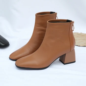 

Genuine Leather Women Ankle Boots High Heels zipper Decoration Party Wedding Shoes Woman Square Toe Office Pumps