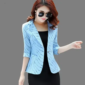 

2020 Fashion Spring Summer New Ol Ladies Blazer Stripe Suit Jacket Women Blazer Fashion Notched Pockets Single Button Slim Blue