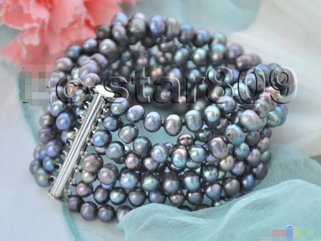 DYY 914+++ 8row " 7 мм павлин черный круглый Пресноводный Культивированный жемчуг браслет