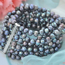 DYY 914+++ 8row " 7 мм павлин черный круглый Пресноводный Культивированный жемчуг браслет