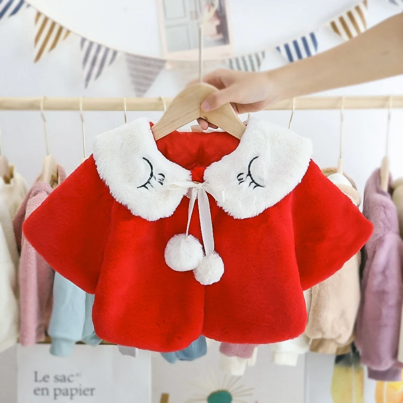 Warm Winter Girls Kids Velvet Thicken Cloak Cardigan Children Baby Infants Lapel Collar Princess Outwear Cape Coats WT955 - Цвет: Red