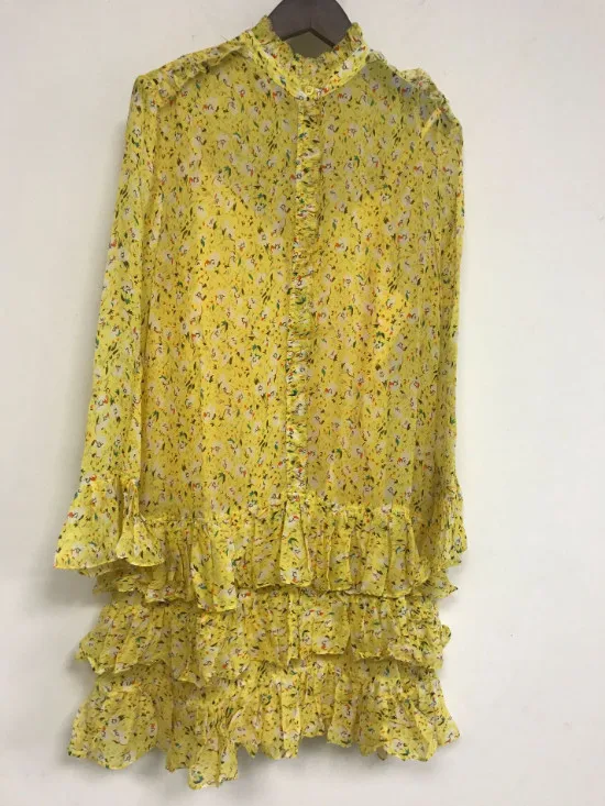 

Women Floral Printted Pleated Mini Dress Yellow V Neck Long Flare Sleeve Lady Two-piece Set Short Dresses