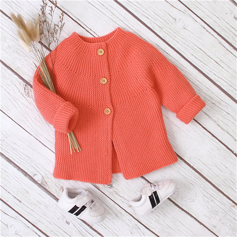 Осенне-зимние свитера для новорожденных мальчиков и девочек теплое трикотажное пальто для малышей Верхняя одежда на пуговицах для малышей, топы, одежда для детей от 0 до 18 месяцев - Цвет: Розовый