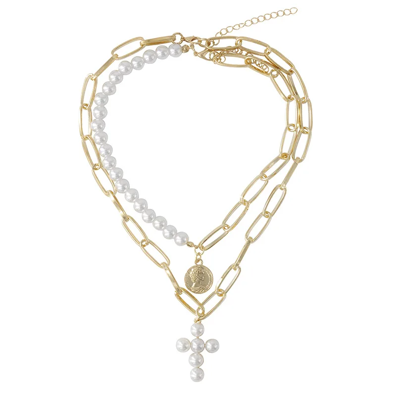 Золотой цвет Веер Золотая монета крест женское колье, чокер Готический слоистый жемчуг кулон ожерелье s для женщин модные украшения - Окраска металла: Золотой цвет