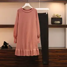Женский Большой плюс размер 5XL длинный свитер из двух частей трикотажные наборы Зимние толстовки платье костюм женский топ и леггинсы теплый костюм