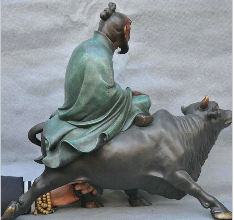 724+++ красивое художественное украшение даосский Бог Лао-цзы Ride Bull Ox бронзовая статуя
