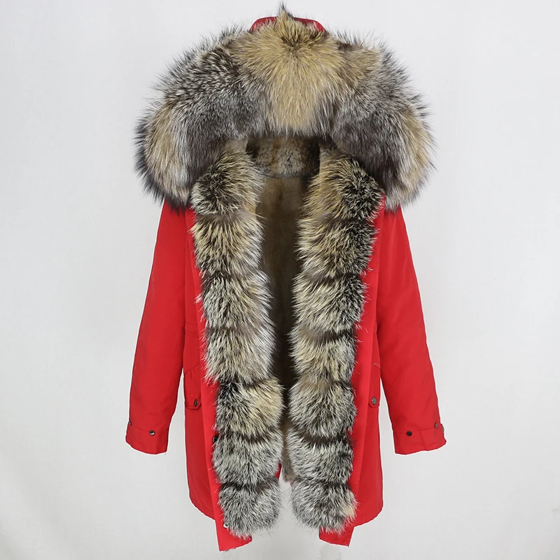 red new color Женское пальто с натуральным мехом OFTBUY, чёрная куртка с воротником из натурального лисьего меха, водонепроницаемая длинная парка, теплая уличная верхняя одежда со съемным мехом для зимы - Цвет: red new color