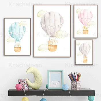 

Hot Air Balloon Cartoon Baby Elephant Rabbit Mouse Cloud Cute Home Decoration Painting Children's Room Living Room Canvas Poster