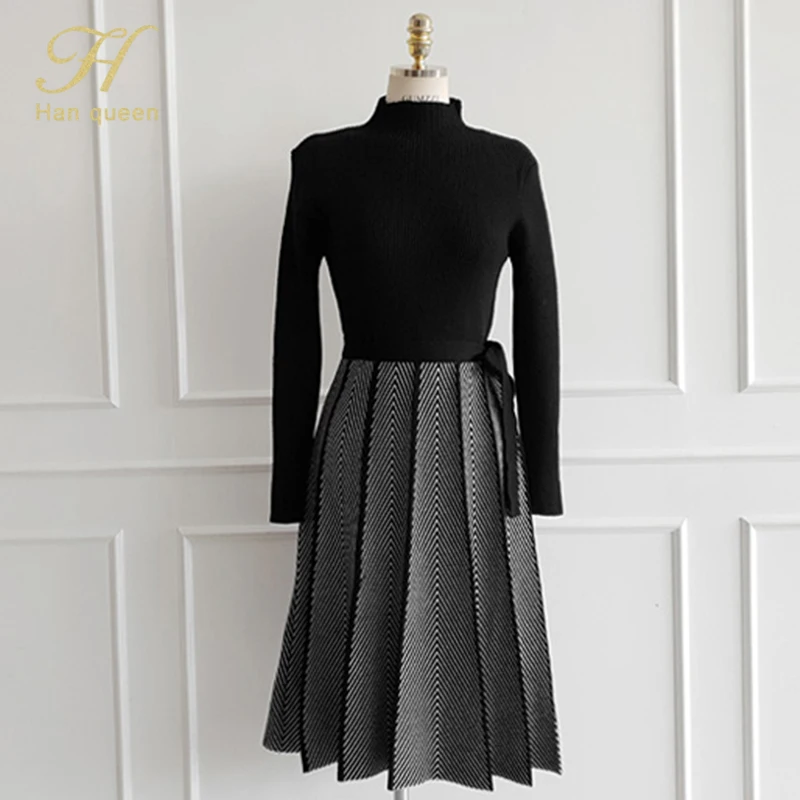 H 한 여왕 핫 세일 캐주얼 풀오버 스웨터 Pleated Vestidos 우아한 간단한 오피스 드레스 여성 컬러 매칭 a 라인 드레스