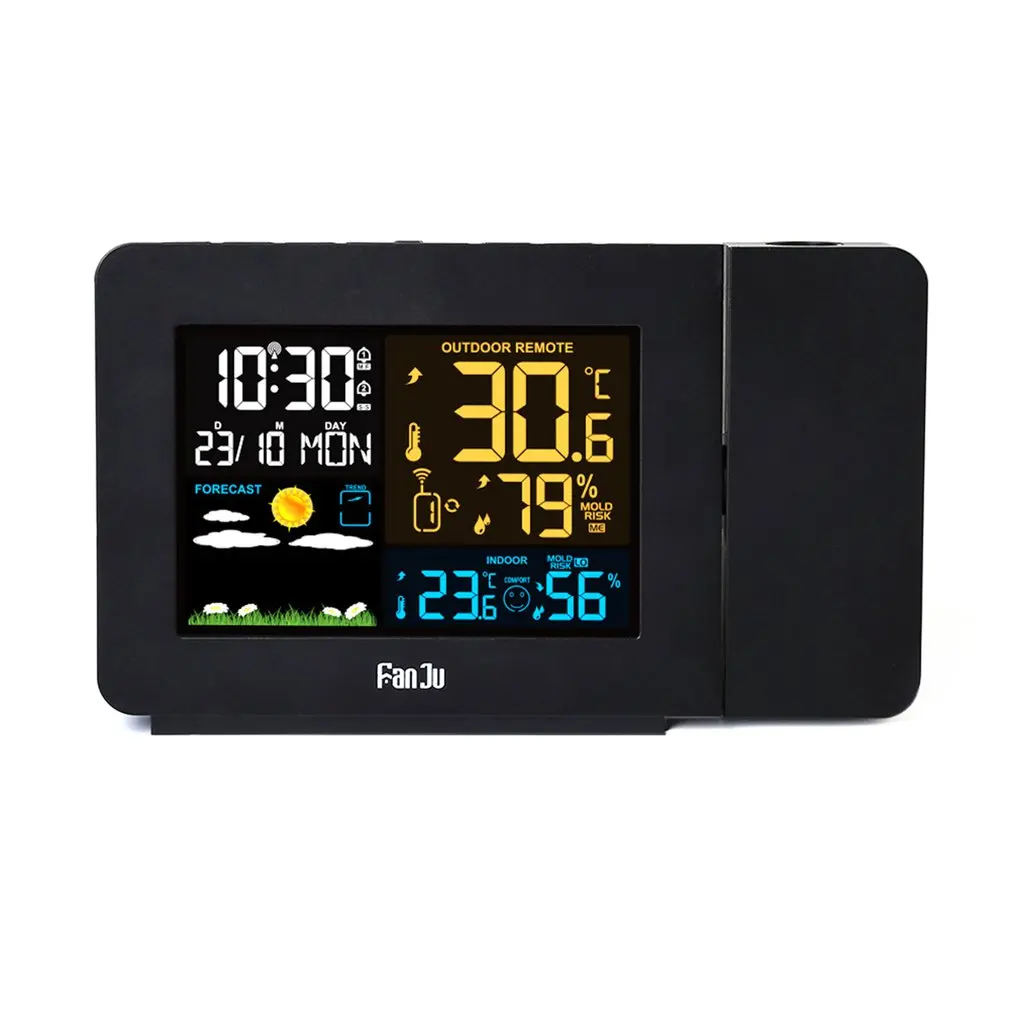 EU plug LCD Digital Projection Colorful Screen Alarm Clock Weather Forecast Temperature Humidity Multi-Function Electronic Clock - Color: EU plug