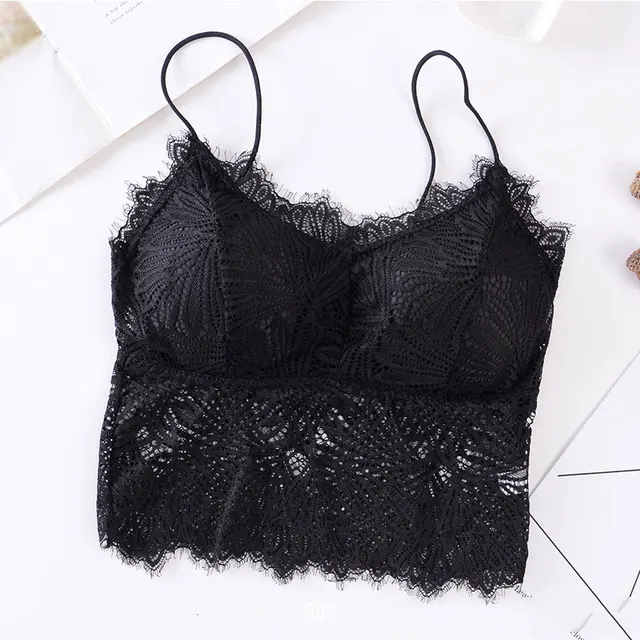 2021 Female Summer Crop Tank Top Women Fashion Deep V Lace Bras Embroidery Floral Tank Top Bra Wrapped Chest Camisole Padded Bra black 1