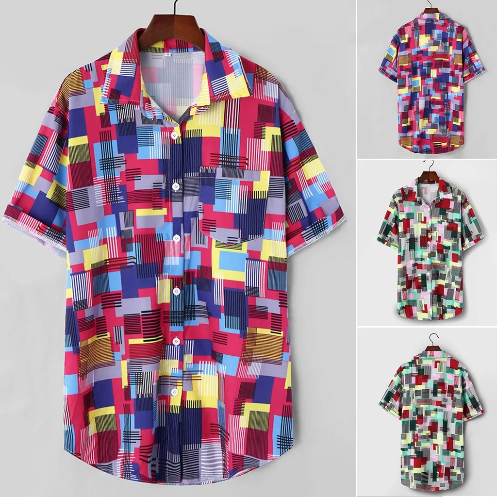 

Mens Ethnic Printed Stand Collar Colorful Stripe Short Sleeve Loose Shirt buttonshirt Casual Tops Collar Colorful Fashion